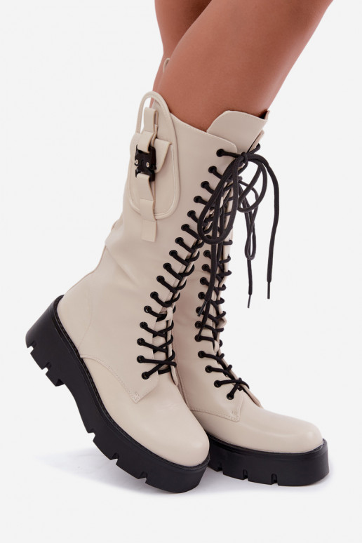 botas altas de mujer acolchadas con cordones y plataforma en color arena Galvia