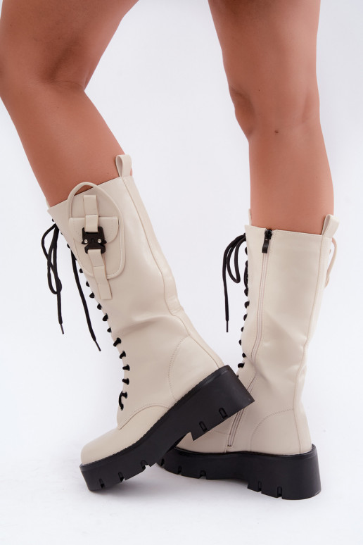 botas altas de mujer acolchadas con cordones y plataforma en color arena Galvia