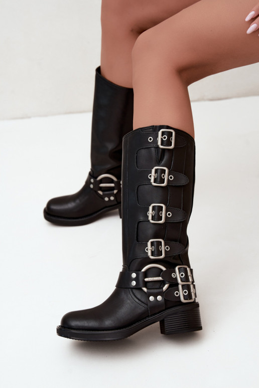 Botas largas de cuero negras con tacón bajo y hebillas Big Star