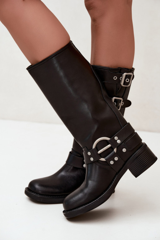 Botas largas de cuero negras con tacón bajo y hebillas Big Star