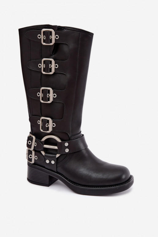 Botas largas de cuero negras con tacón bajo y hebillas Big Star
