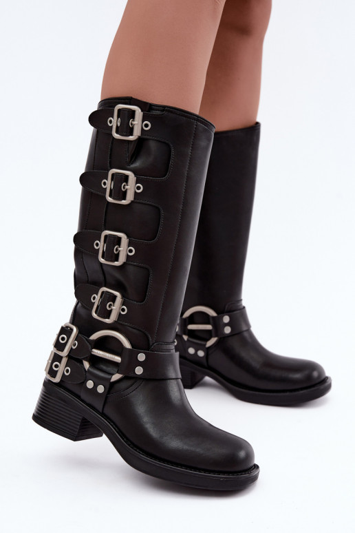 Botas largas de cuero negras con tacón bajo y hebillas Big Star