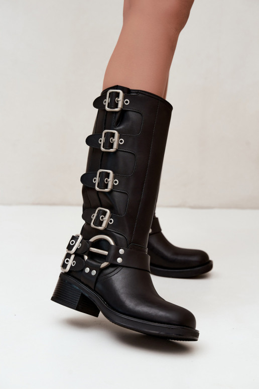 Botas largas de cuero negras con tacón bajo y hebillas Big Star
