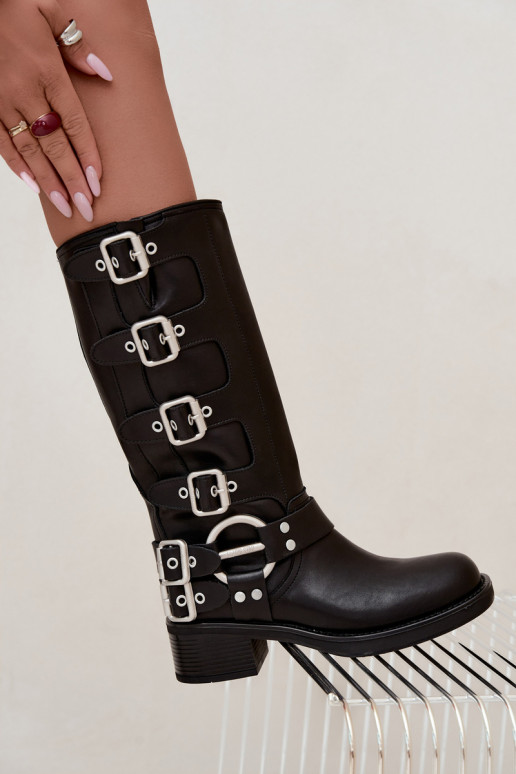 Botas largas de cuero negras con tacón bajo y hebillas Big Star