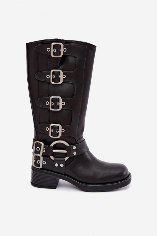 Botas largas de cuero negras con tacón bajo y hebillas Big Star