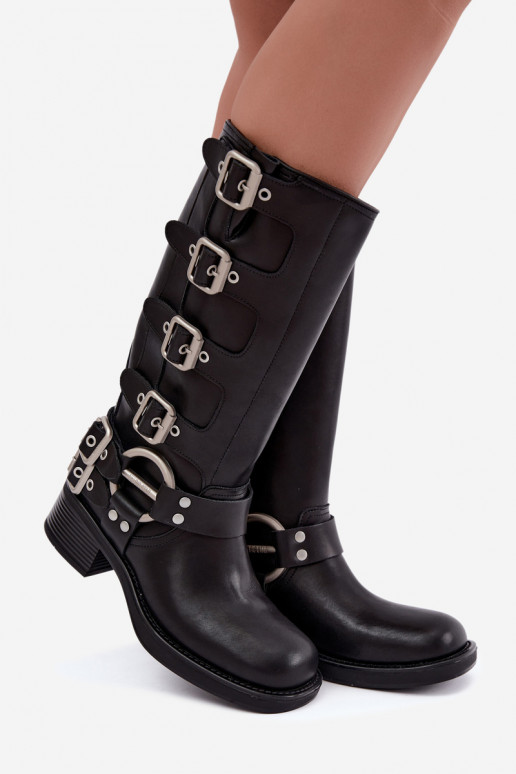Botas largas de cuero negras con tacón bajo y hebillas Big Star