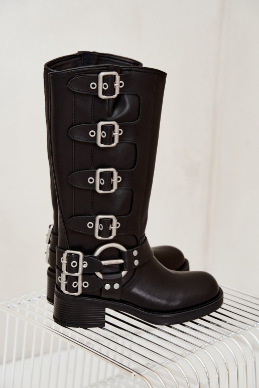 Botas largas de cuero negras con tacón bajo y hebillas Big Star