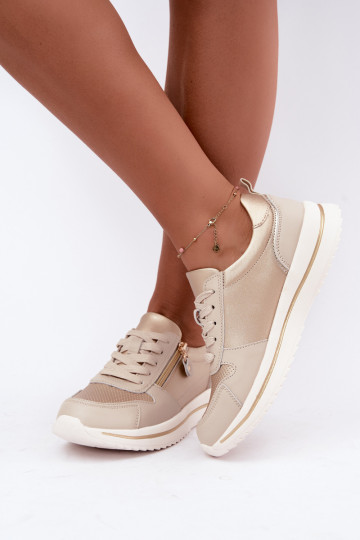Zapatillas de cuero con cremallera decorativa en color oro-beige Oselia
