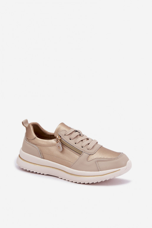 Zapatillas de cuero con cremallera decorativa en color oro-beige Oselia