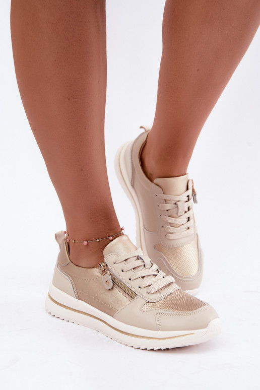Zapatillas de cuero con cremallera decorativa en color oro-beige Oselia