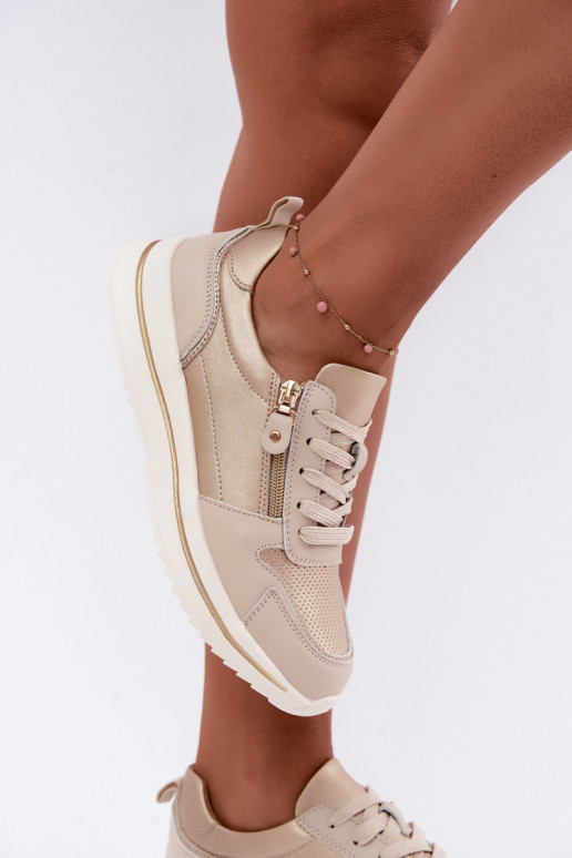 Zapatillas de cuero con cremallera decorativa en color oro-beige Oselia
