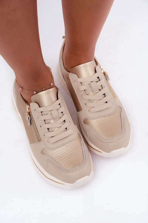 Zapatillas de cuero con cremallera decorativa en color oro-beige Oselia