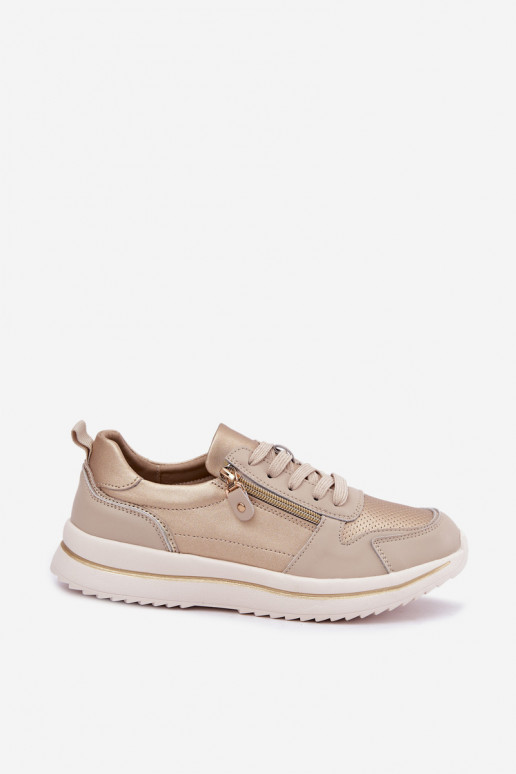 Zapatillas de cuero con cremallera decorativa en color oro-beige Oselia