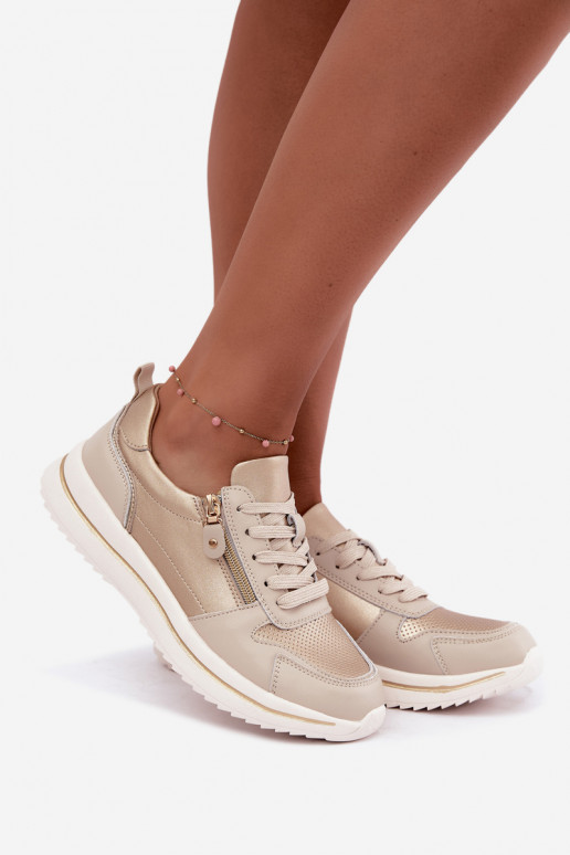 Zapatillas de cuero con cremallera decorativa en color oro-beige Oselia