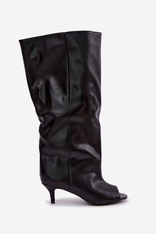 Botas altas con punta abierta en tacón fino de cuero sintético negro Velise