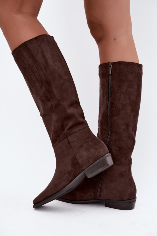 Botas altas para mujer con tacón bajo en chocolate Feretta