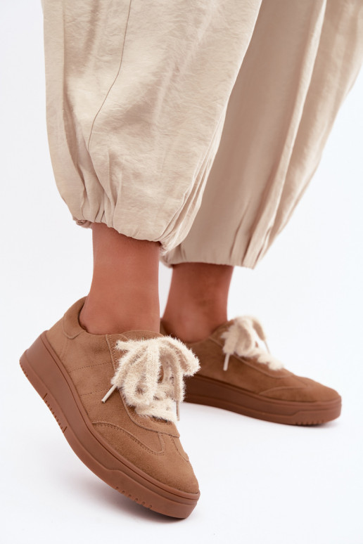 Zapatillas de ante sintético con pelo y cordones Kobbo 79655 marrón