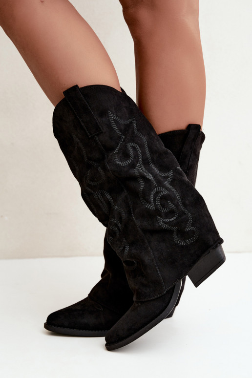 Botas altas arrugadas de estilo vaquero con tacones y caña cosida negro Ives
