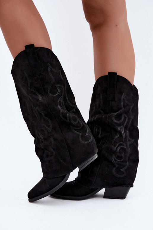 Botas altas arrugadas de estilo vaquero con tacones y caña cosida negro Ives