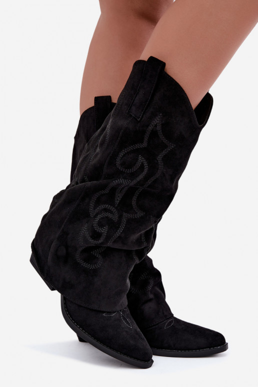 Botas altas arrugadas de estilo vaquero con tacones y caña cosida negro Ives