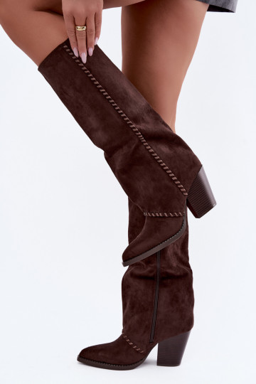Botas altas para mujer de estilo vaquero con tacón bloque chocolate Noeline