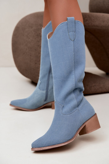 Botas altas de mujer estilo cowboy con tacón de mezclilla Zareya
