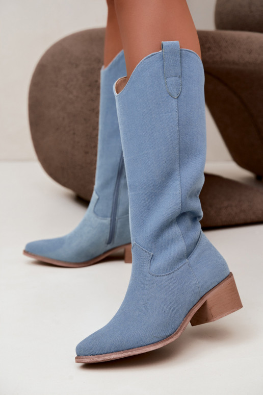 Botas altas de mujer estilo cowboy con tacón de mezclilla Zareya