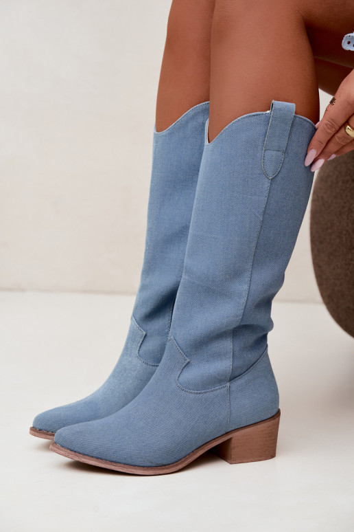 Botas altas de mujer estilo cowboy con tacón de mezclilla Zareya