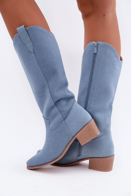 Botas altas de mujer estilo cowboy con tacón de mezclilla Zareya
