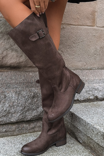 Botas altas para mujer con tacones anchos y hebillas, marrones Farela