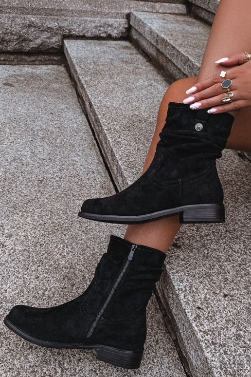 Botines cálidos con volantes y tacones anchos, negros