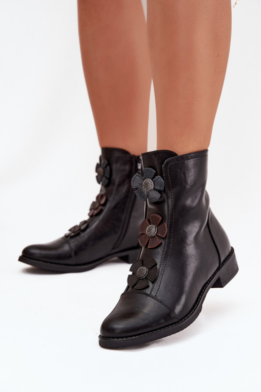 Botines cálidos para mujer con tacones anchos y motivos florales en negro Pravienne
