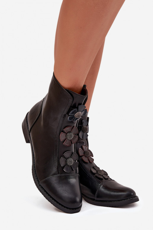 Botines cálidos para mujer con tacones anchos y motivos florales en negro Pravienne
