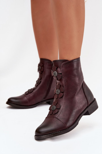 Botines cálidos para mujer con tacones anchos y motivos florales en burdeos Pravienne 2