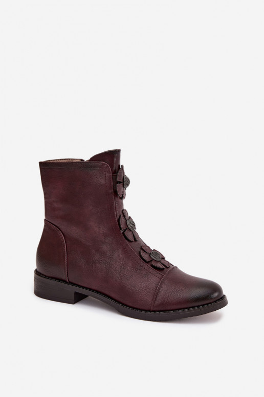 Botines cálidos para mujer con tacones anchos y motivos florales en burdeos Pravienne