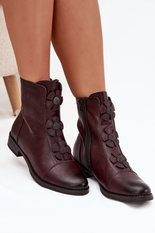 Botines cálidos para mujer con tacones anchos y motivos florales en burdeos Pravienne