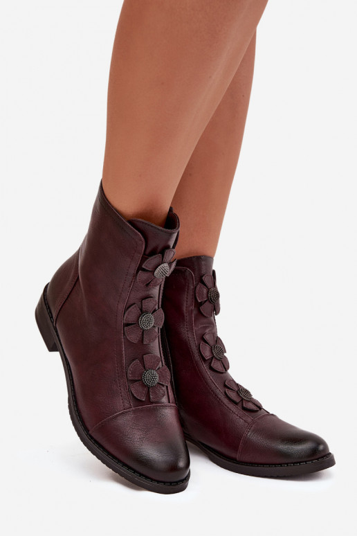 Botines cálidos para mujer con tacones anchos y motivos florales en burdeos Pravienne