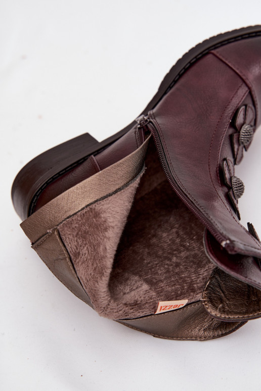 Botines cálidos para mujer con tacones anchos y motivos florales en burdeos Pravienne