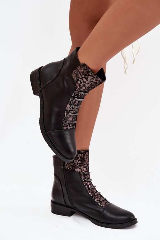 Botines cálidos para mujer con tacones anchos y motivos florales en negro Labise