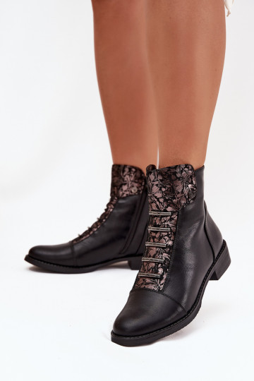 Botines cálidos para mujer con tacones anchos y motivos florales en negro Labise 2