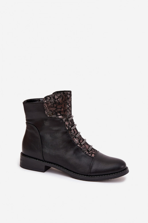 Botines cálidos para mujer con tacones anchos y motivos florales en negro Labise