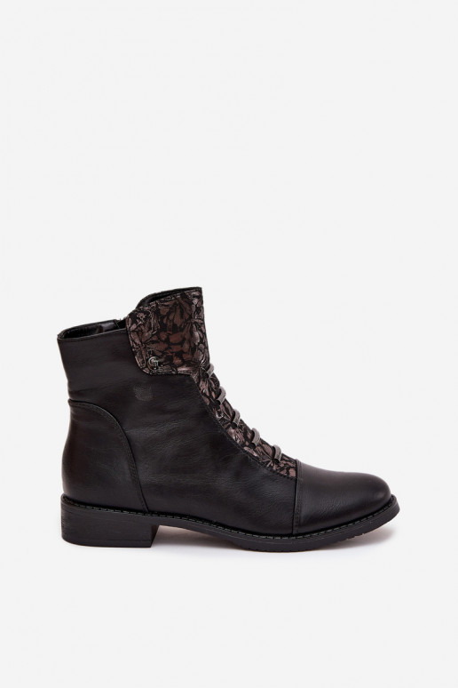 Botines cálidos para mujer con tacones anchos y motivos florales en negro Labise
