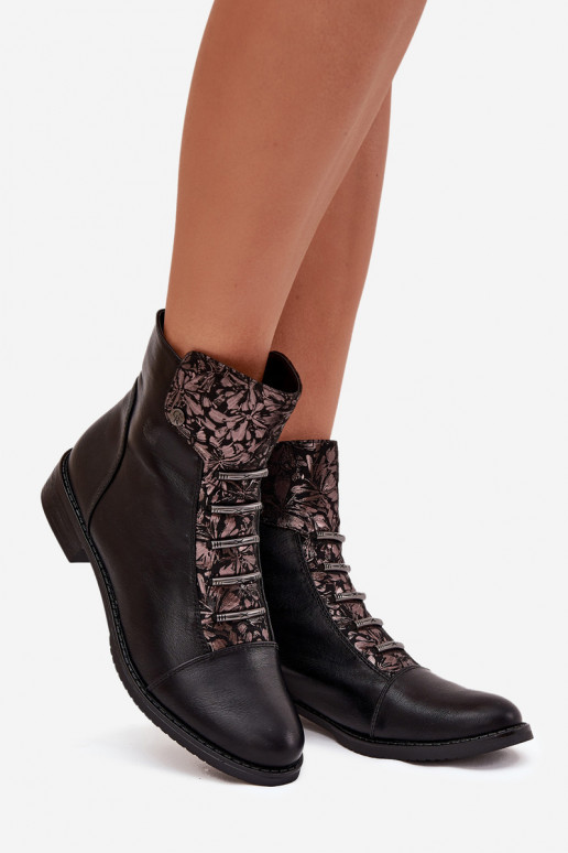 Botines cálidos para mujer con tacones anchos y motivos florales en negro Labise