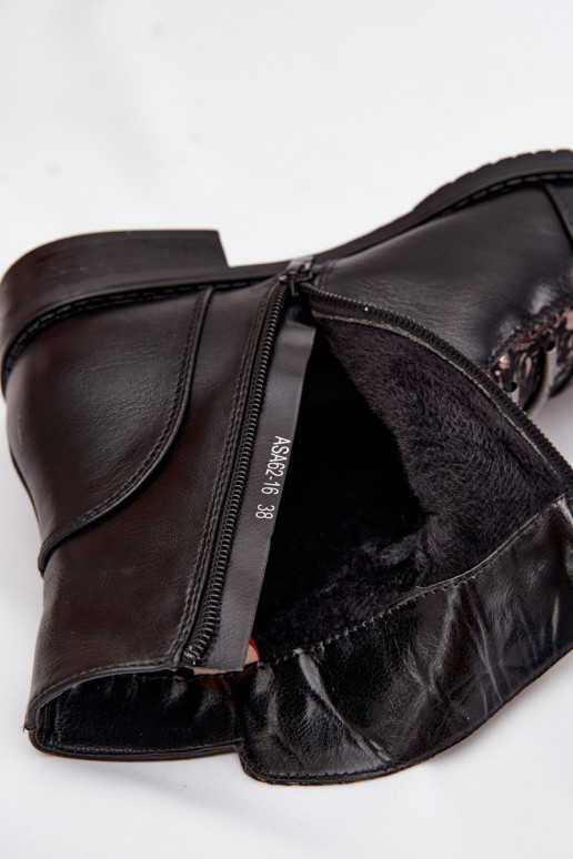Botines cálidos para mujer con tacones anchos y motivos florales en negro Labise