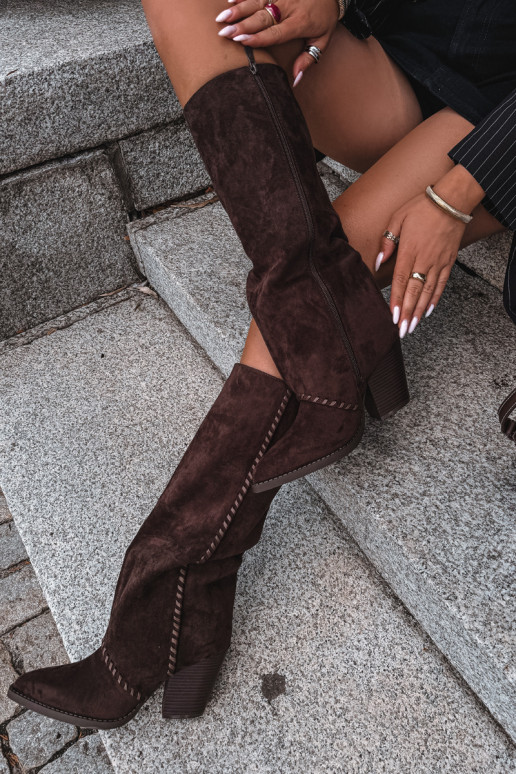 Botas altas para mujer de estilo vaquero con tacón bloque chocolate Noeline