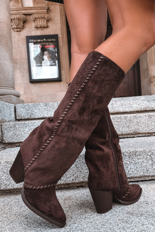 Botas altas para mujer de estilo vaquero con tacón bloque chocolate Noeline