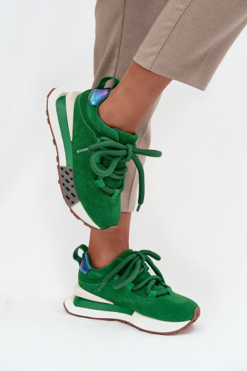 Zapatillas deportivas de mujer de ante sintético con plataforma y cordones gruesos en verde Artiker 55C0136