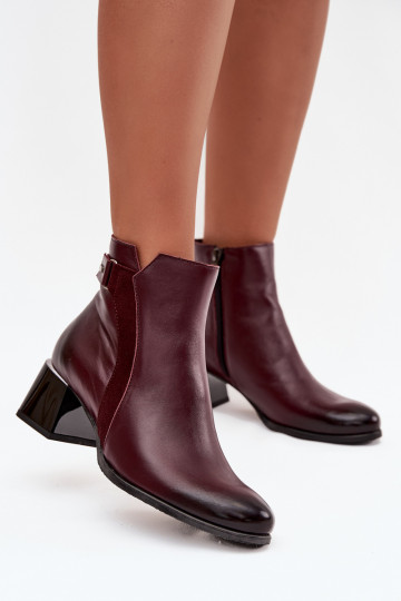 Botines de cuero para mujer con tacón en burdeos Zazoo 60563
