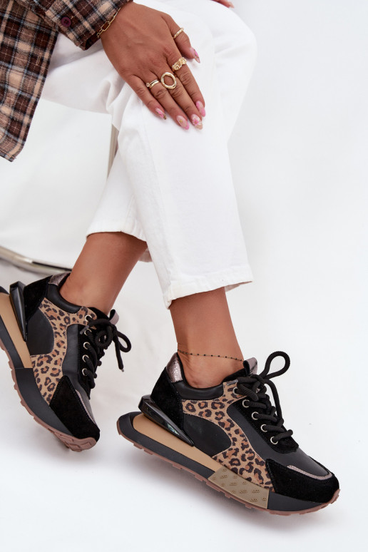Zapatillas de mujer de cuero con plataforma y estampado de leopardo en negro Artiker 55C0134