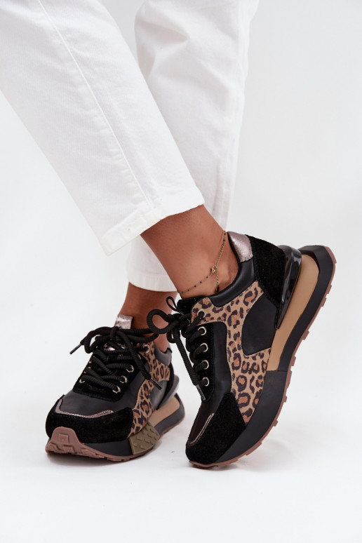 Zapatillas de mujer de cuero con plataforma y estampado de leopardo en negro Artiker 55C0134